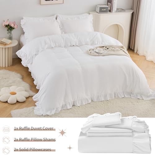 Horbaunal 5 Pcs White Ruffle Duvet Cover King Size Soft Microfiber Shabby Chic Ruffled Duvet Cover Set, Vintage French Country Ruffle Bedding Set with Zipper Closure & Corner Ties, 90" x 104"