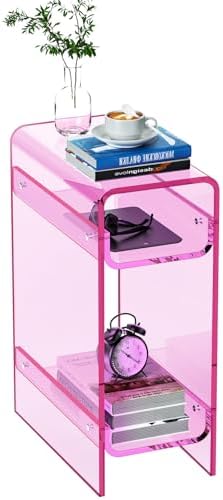 Clear Acrylic Side Table, Narrow Nightstand Bedside Table for Bedroom, Skinny Small End Table (Pink, 8.7'' x 15.7'' x 21.7")