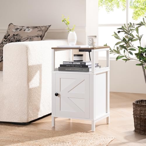 Yoobure Farmhouse Nightstand with Charging Station, Night Stand Barn Door
