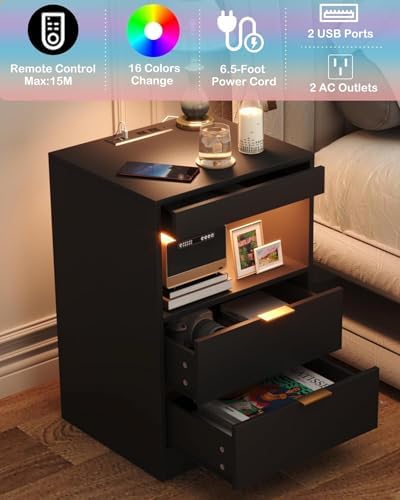 Yusong Nightstand, LED Nightstand with Charging Station, Black