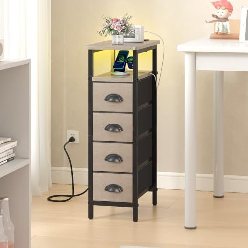 sthmec Side Table with Charging Station, Narrow End Table with 4 Drawers, LED Nightstands with Fabric Drawers,Slim Sofa Couch Side Tables for Small Spaces,Living Room,Bedroom, Grey