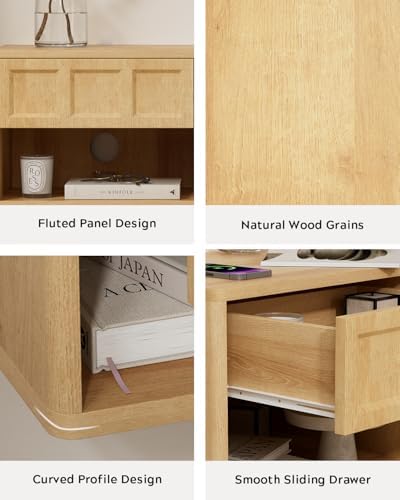 EYYTHUNG Floating Nightstand Set of 2, Wall Mounted Bedside Table with Storage Drawer and Open Shelf, Night Stand with Curved Corners for Living Room, Bedroom, Dorm, Natural Oak