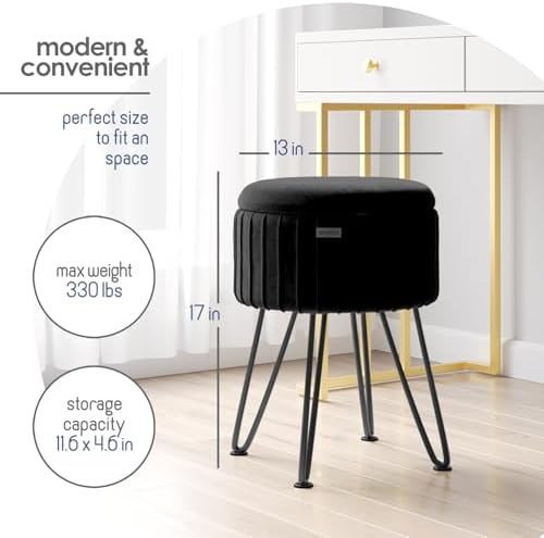 Round Ottoman with Storage, Pleated Velvet Storage Ottoman, Foot Stool Ottomans, Makeup Vanity Stool, Small Ottomans Foot Rest, Modern Vanity Stools for Living Room and Bedroom, Black