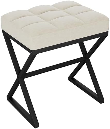 YMYNY Vanity Stool, Linen Footrest Stool, Ottoman Bench with X-Shaped Metal Legs, Makeup Dressing Stool for Vanity, Living Room, Bedroom, Entryway, Hallways 15.74" D×11.81" W×18.11" H Beige UHBD033Y