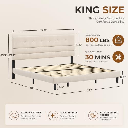 GRUSIGN King Size Bed Frame with Linen Fabric Headboard, Adjustable Height Upholstered Platform Bed Frame with Wooden Slats, Easy Assembly, Beige