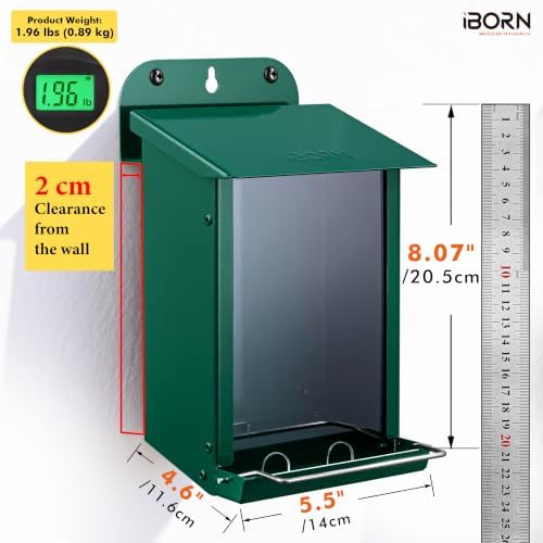 iBorn Bird Feeder for Outdoors, Wall Mounted Bird Feeder Weatherproof Metal Roof, Heavy Duty Metal Birdfeeder for Tree, Fence, Wall Screwed-in Mounting, All Detachable Easy Clean,1.3Lbs, Green