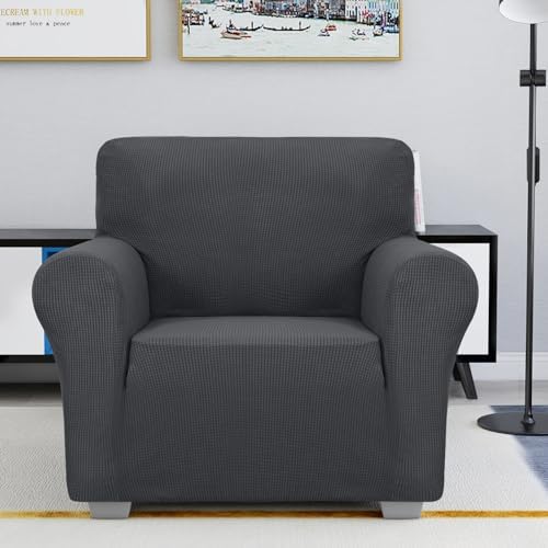 JIVINER Super Stretch Chair Sofa Slipcovers 1-Piece Jacquard Chair Covers for Living Room Soft Anti Slip 1 Seater Couch Furniture Protector Small Checks for Kids Pets (Chair, Grey)