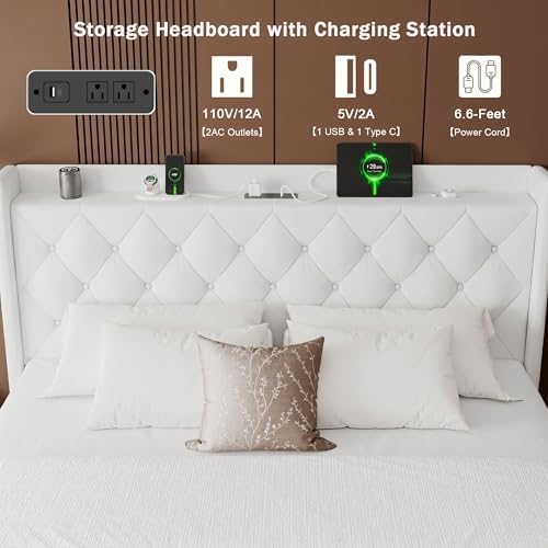 GalnFu Full Size Bed Frame with Storage, Upholstered Full Lift up Storage Bed Frame with Charging Station, Button Tufted Headboard, No Box Spring Needed, Easy Assembly, Noise Free, White