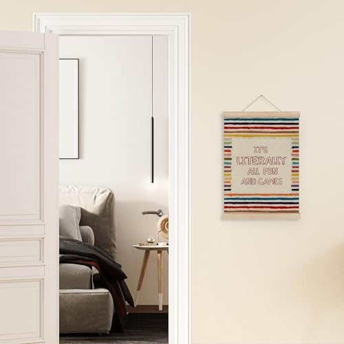 MAQIKA Funny Kids Playroom Poster Framed with Wood Hanger, Boy Girl Nursery Hanging Wall Decor, All Fun and Games Colorful Classroom Canvas Wall Art Paints for Kids Nursery Bedroom Playroom, 12x16 Inch