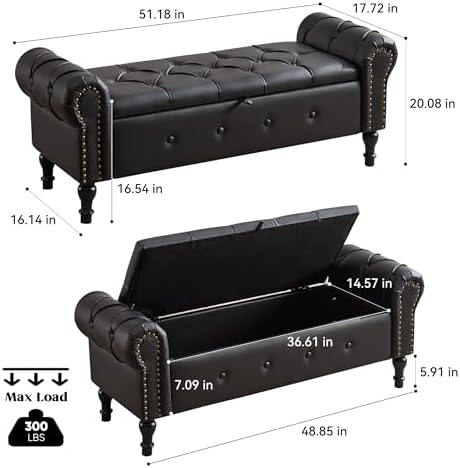 Storage Bench 51" Faux Leather End of Bed Benches Obsidian Black