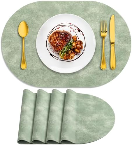 ADRIMER Oval Placemats Set of 4, Wipeable Faux Leather, Green
