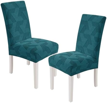 JIVINER Stretch Dining Chair Slipcovers Set of 2, Geometrical Jacquard Dining Chair Covers, Washable Kitchen Chair Covers for Dining Room, Hotel, Party, Peacock Blue