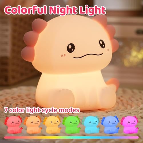 Axolotl LED Night Light, Silicone Touch Lamp for Bedroom with 7 Colors Timer and Dimmable 3-Level Squishy Warm Cute Night Lights, Rechargeable Animal Lamp for Bedroom Decor Birthday Gift