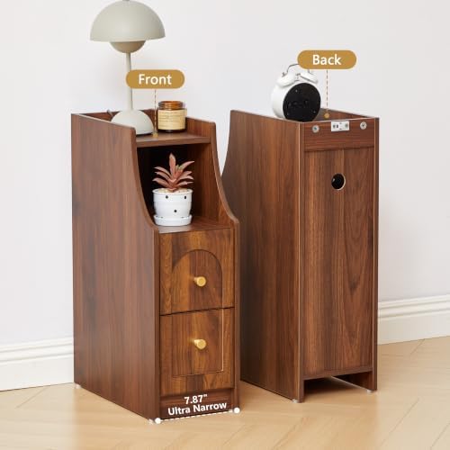 Ultra Narrow Nightstand Set of 2, Slim Bedside Table with Charging Station, 2 Drawers & Open Shelf, Mid-Century Modern End Table with Fenced Top for Living Room Bedroom (Walnut, 2)