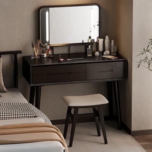 Solid Wood Vanity Stool, Padded Foot Stools Ottoman, Black