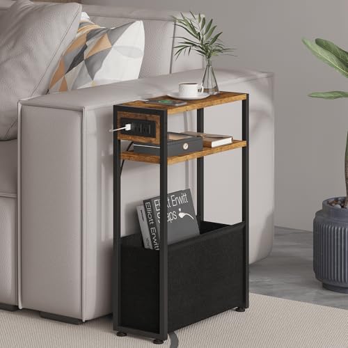 Leomonio Narrow Side Table, Slim Night Stand with Magazine Rack