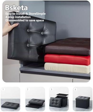 Bsketa Storage Ottoman Bench,17 Inch Folding Leather Foot Rest Stools,Black