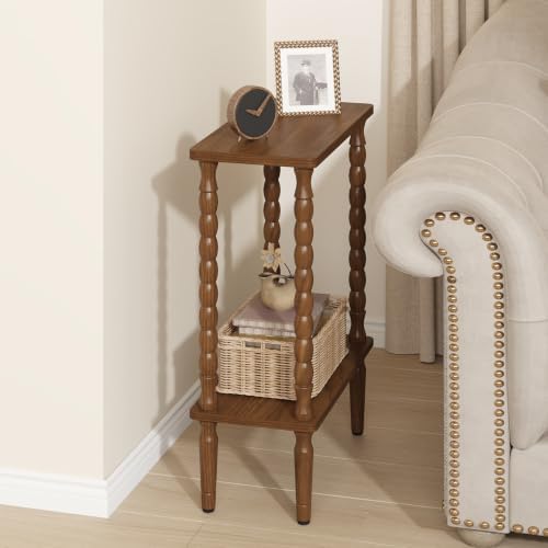 TUTOTAK Narrow Side Table with Solid Wood Legs, 2-Tier Small End Table