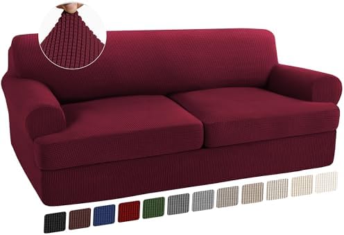 Turquoize 3 Piece T Cushion Sofa Slipcovers Stretch Couch Cover Furniture Covers with 2 Individual T Cushion Covers, Machine Washable (2 Cushion Sofa, Burgundy)