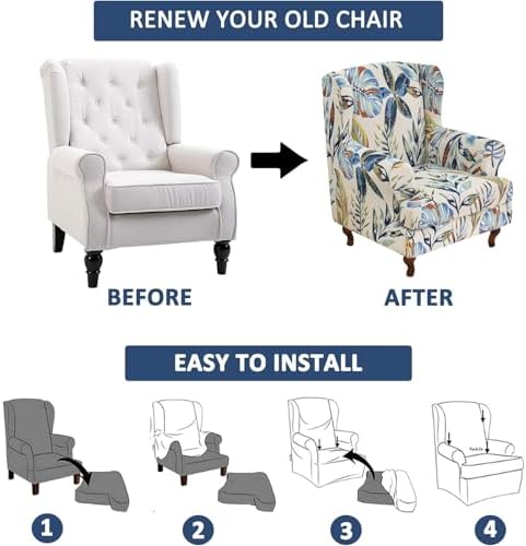 HAOYONG Wing Chair Slipcovers Stretch Wingback Chair Covers Printed 2 Pieces Wingback Armchair Slipcover Elastic Chair Slip Covers Washable Armchair Protector Cover for Living Room and Bedroom