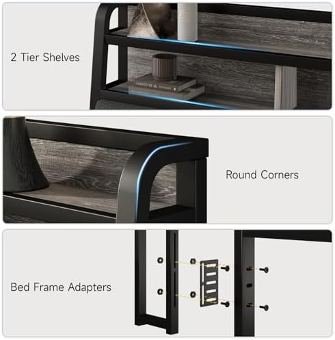 Queen Headboard Only with Storage, Charging Station, Black & Grey
