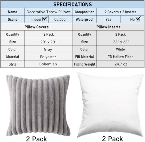 Decorative Throw Pillow with Inserts, Set of 2 Soft Faux Fur Throw Pillows, Square Boho Striped Pillow for Couch, Bed, Sofa Decor (Gray, 20" x 20"(Pack of 2))