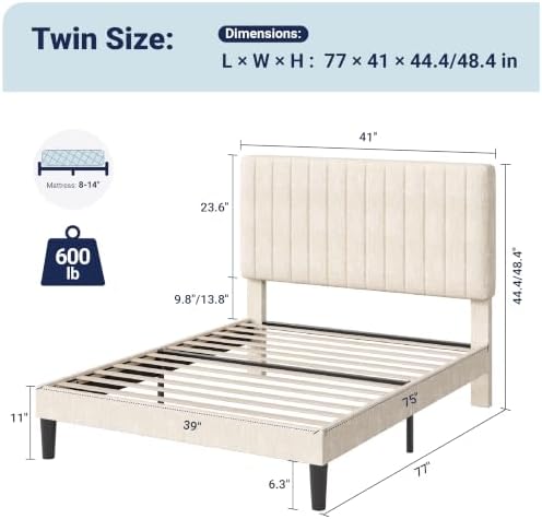 Allewie Twin Bed Frame, Upholstered Platform Bed with Adjustable Vertical Channel Tufted Headboard, Mattress Foundation with Strong Wooden Slats, Box Spring Optional, Easy Assembly, Cream White