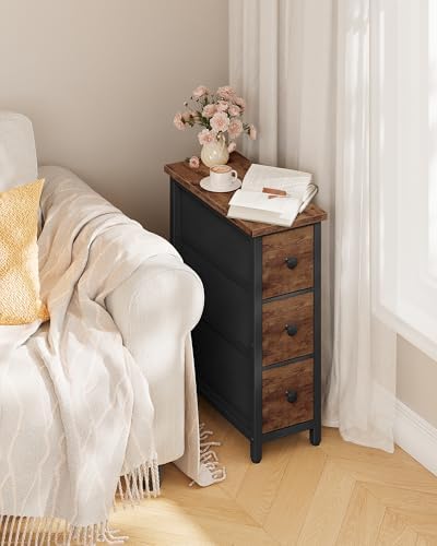 CHOEZON Narrow Side Table with 3 Fabric Drawers, Industrial Slim Bedside Table for Small Spaces, Bedroom, Living Room, Dormitory, Rustic Brown and Black TBZ09BF