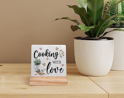 Cooking with Love Wood Plaque with Wooden Stand,Rustic Kitchen Wooden Plaque Sign Desk Decor for Home Kitchen Table Shelf Decoration