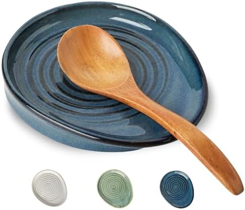 Ceramic Spoon Rest for Stove Top, Spoon Holder for Kitchen Counter, Farmhouse Cooking Utensil Holder for Spoons, Ladles, Spatula, Glazed Blue