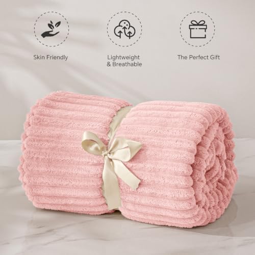 BEDELITE 3D Ribbed Light Pink Fleece Throw Blanket for Couch, 50x60 Inch