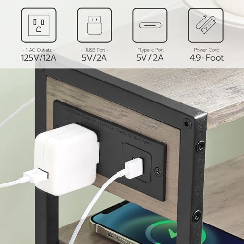 HOOBRO Small Narrow Side Table with Charging Station Set of 2, Skinny End Table for Small Spaces, Slim Nightstand with USB Ports Outlet, Sofa Beside Table with Storage Shelf BG102UBZP201