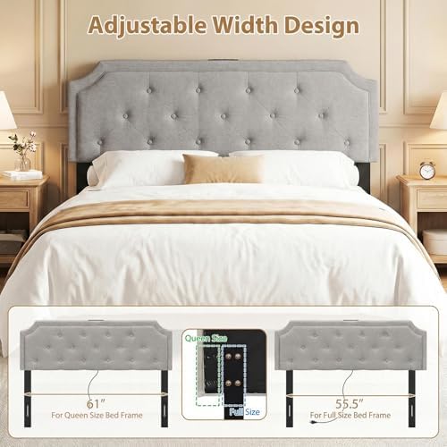 GIANTEX Headboard with Charging Station, Queen/Full Size Diamond Tufted Upholstered Head Board w/2 AC Outlets, USB & Type-C Ports, Rubber Wood Legs, Width Adjustable Modern Bed Headboard Only (Grey)