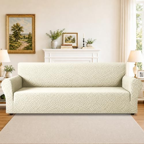 ZNSAYOTX 1 Piece Stretch Oversized Sofa Covers (91"-112"), New Plaid Couch Cover with Non-Slip Buckle for Dog Pets, Ultimate Soft Cozy Washable X-Large Sofa Slipcover Form Fit Protector, Beige