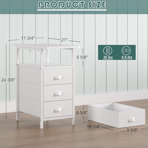 sthmec End Table with Charging Station, Side Tables Livingroom with USB Ports and Outlets,Narrow Nightstands Bedside Tables with 3 Drawers PU Finish for Small Space,Slim Sofa Table Bedroom,White