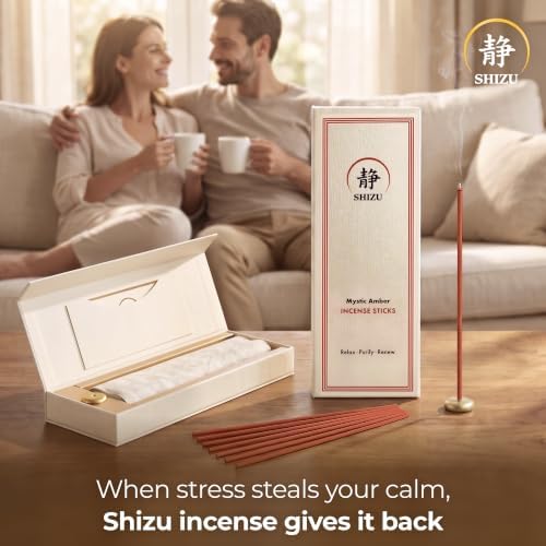 Shizu Mystic Amber Incense Sticks – Artisanal Temple Grade Japanese Incense with Brass Holder – Subtle, Calming Scent for Relaxation, Meditation & Home Spa, Elegant Gift Set (60 Sticks)