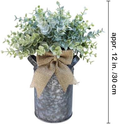 Winlyn Set of 1 Farmhouse Faux Eucalyptus Arrangement Centerpiece Rustic Galvanized Metal Milk Can Vase Artificial Eucalyptus Bushes Greenery Plants for Wedding Kitchen Home Indoor Table Shelf Décor