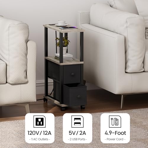 TUTOTAK Small Narrow End Tables, Side Tables with 2 Fabric Drawers, Set of 2, Bedside Tables with Charging Station for Small Spaces, Slim Nightstands with USB Ports and Wheels, TB01BG053