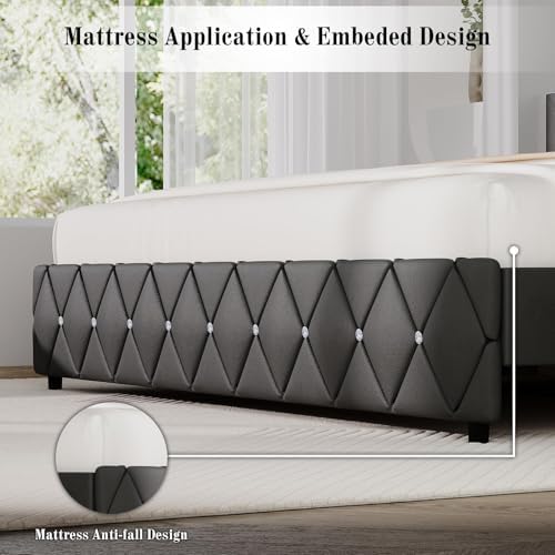 BarnFurin King Bed Frame with Diamond Tufted Headboard, Gray