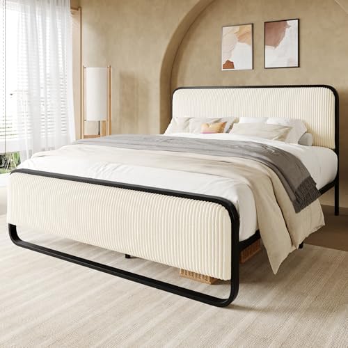 Allewie Full Metal Bed Frame with Upholstered, Cream