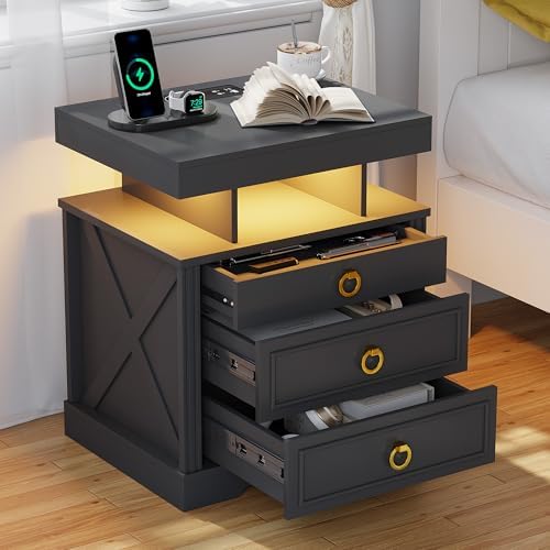 HNEBC Gun Nightstand with Charging Station&LED Lights for Bedroom,Black