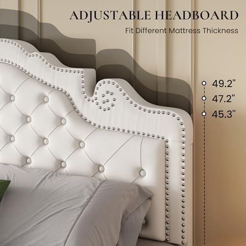 SHA CERLIN Full Size Bed Frame with Adjustable Headboard/Velvet Upholstered/Diamond Button Tufted and Metal Studs/No Box Spring Needed/Sturdy Wood Slat Support/Easy Assembly/White
