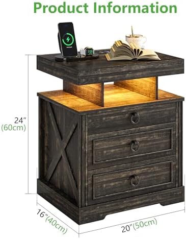 HNEBC Gun Nightstand with Charging Station&LED Lights for Bedroom,Brown