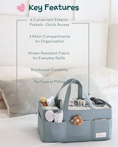 Baby Diaper Caddy Organizer, Wipeable Diaper Organizer Basket with 8 Pockets for Newborn Essentials, Nursery Tote Bag for Changing Table & Car Organization (Willow Green, Large)