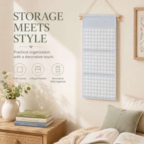 IAXIC Blue Gingham Wall Hanging Organizer, Canvas Storage for Nursery