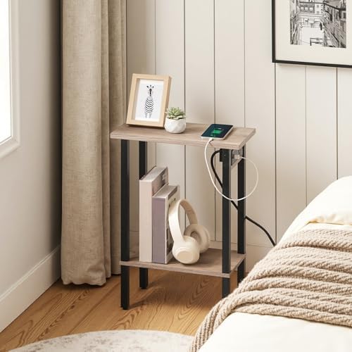 HOOBRO Narrow Side Tables, Set of 2, 2-Tier Slim End Tables with Charging Station, Skinny Nightstands with Open Storage, for Small Spaces, Living Room, Bedroom, Study,Greige and Black BG240UBZP201