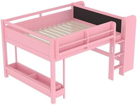 Bellemave Full Size Low loft Bed with Desk and bookcases, Boxes and Drawers for Kids,Wood Modern Farmhouse Kids Loft Bed with Shelf, Pink