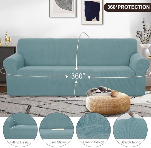 U-NICE HOME 4 Seater Stretch Couch Cover for 3 Cushion Sofa, Light Blue