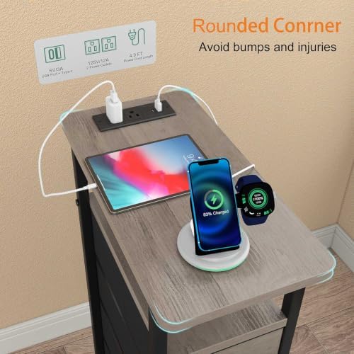 sthmec Side Table with Charging Station, Narrow End Table with 4 Drawers, LED Nightstands with Fabric Drawers,Slim Sofa Couch Side Tables for Small Spaces,Living Room,Bedroom, Grey