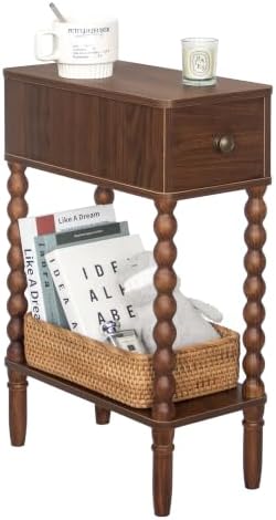 Fultyle Small Narrow Side Table, Skinny Nightstand with Drawer and Shelf
